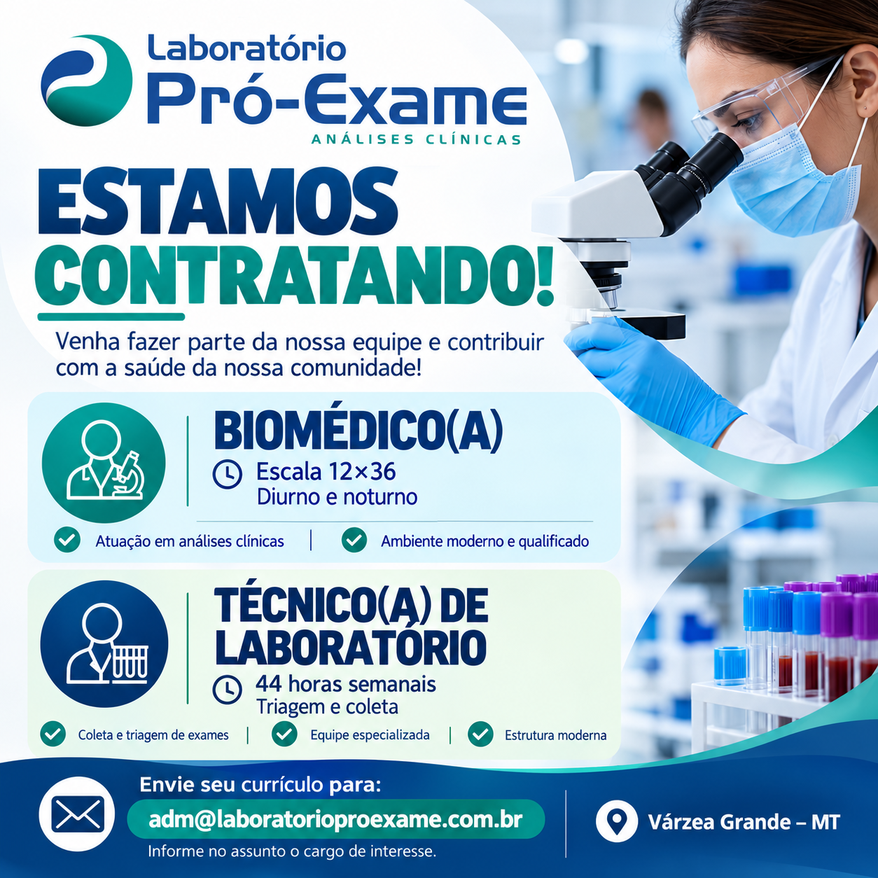 Estamos contratando biomédico ou biomédica para escala 12 por 36, diurno e noturno, e técnico ou técnica de laboratório para 44 horas semanais. Envie seu currículo para adm@laboratorioproexame.com.br.